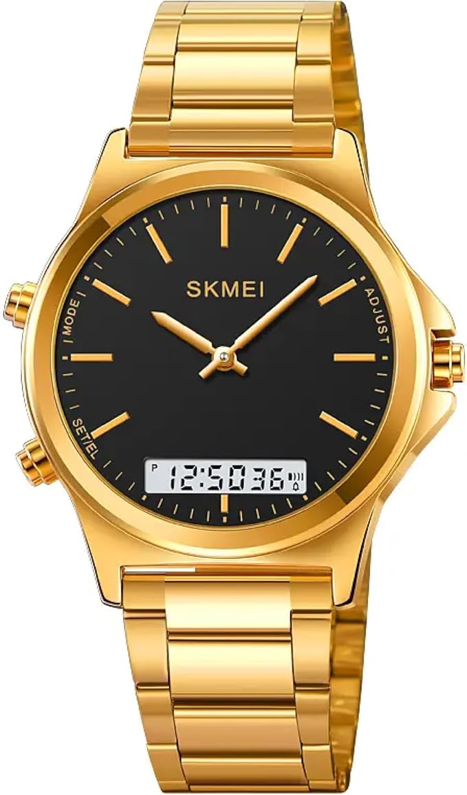 SKMEI Watch Simple Fashion Waterproof Dual Movet Digital Stainless Steel Gold