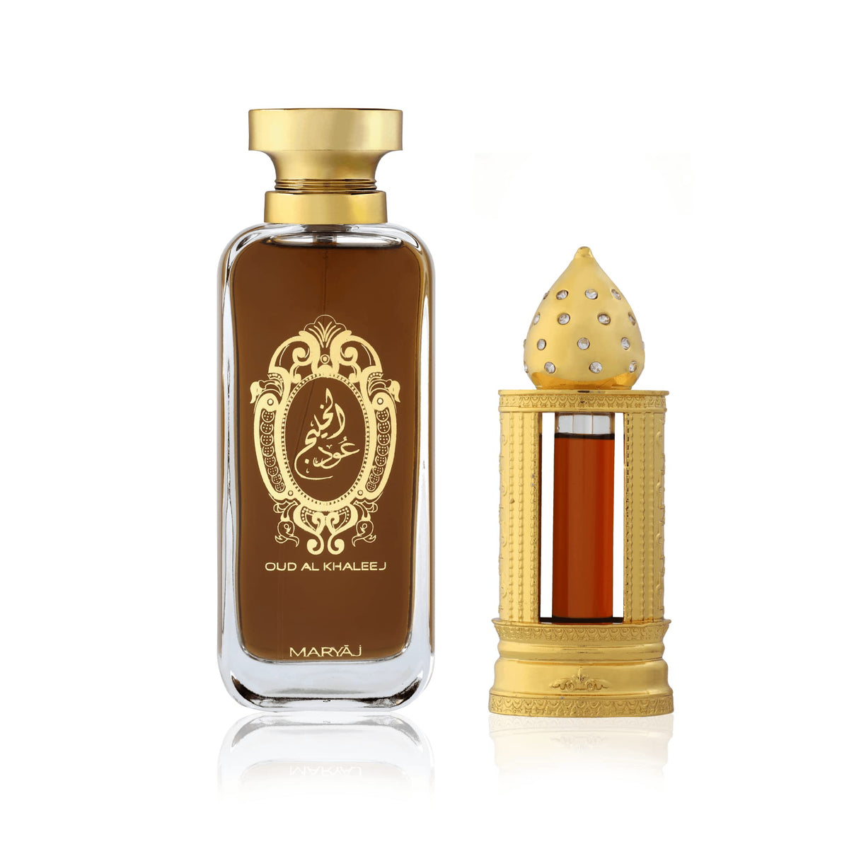 Maryaj OUD AL KHALEEJ Eau De Parfum with DHAN AL OUD YA ROUHI Perfume Oil Attar 2 Pieces Perfume Gift Set for Unisex