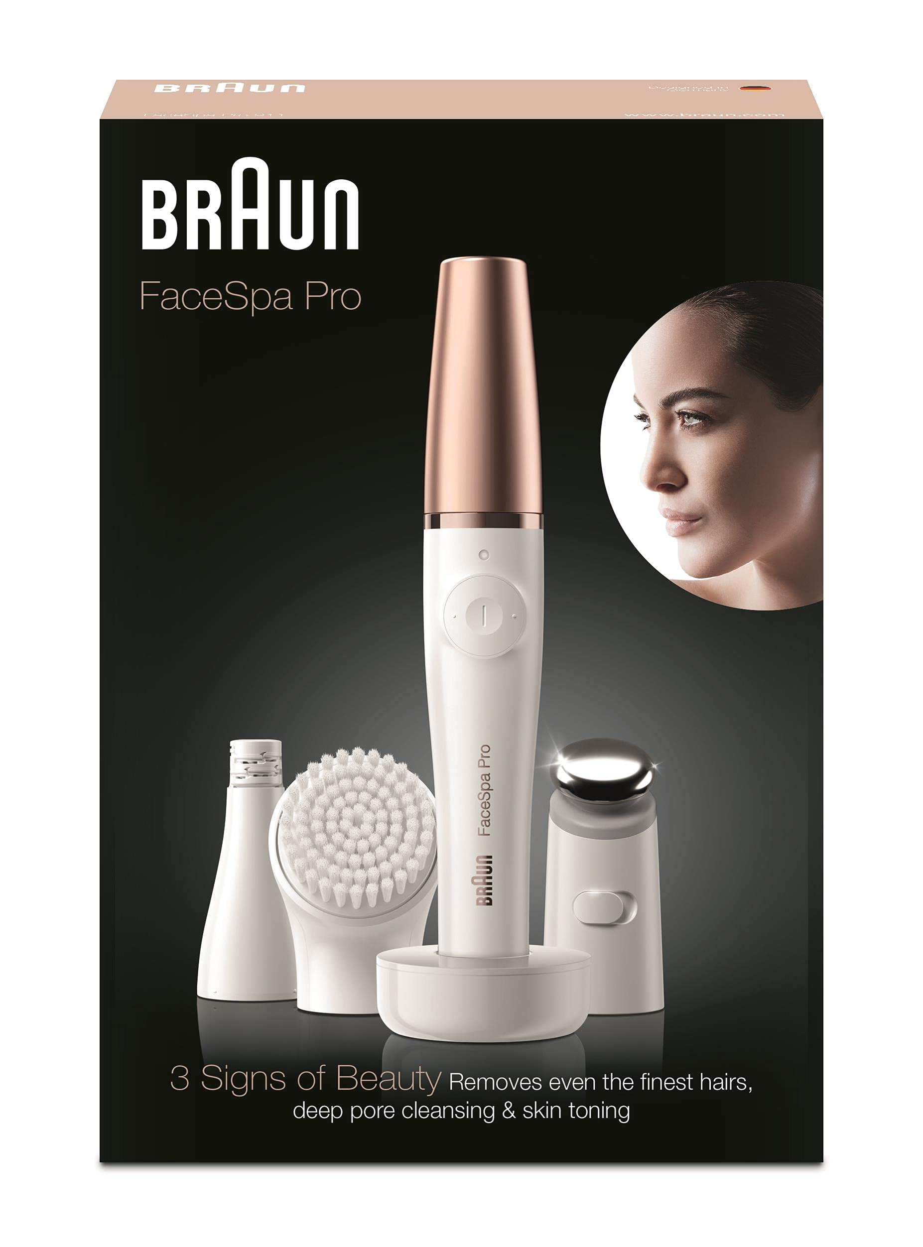 Braun FaceSpa Pro 911 Facial Epilator 3-in-1 Facial Epilating Cleansing and Skin Toning System for Salon Beauty at Home with 3 Extras Rechargeable Cordless Use White/Bronze