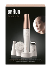 Braun FaceSpa Pro 911 Facial Epilator 3-in-1 Facial Epilating Cleansing and Skin Toning System for Salon Beauty at Home with 3 Extras Rechargeable Cordless Use White/Bronze