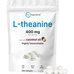 Micro Ingredients L-Theanine 400mg, 400 Softgels | Highly Bioavailable with Coconut Oil | Extra Strength Theanine Amino Acid | Calm & Relaxation Support + Focus Supplement | Non-GMO, Gluten Free