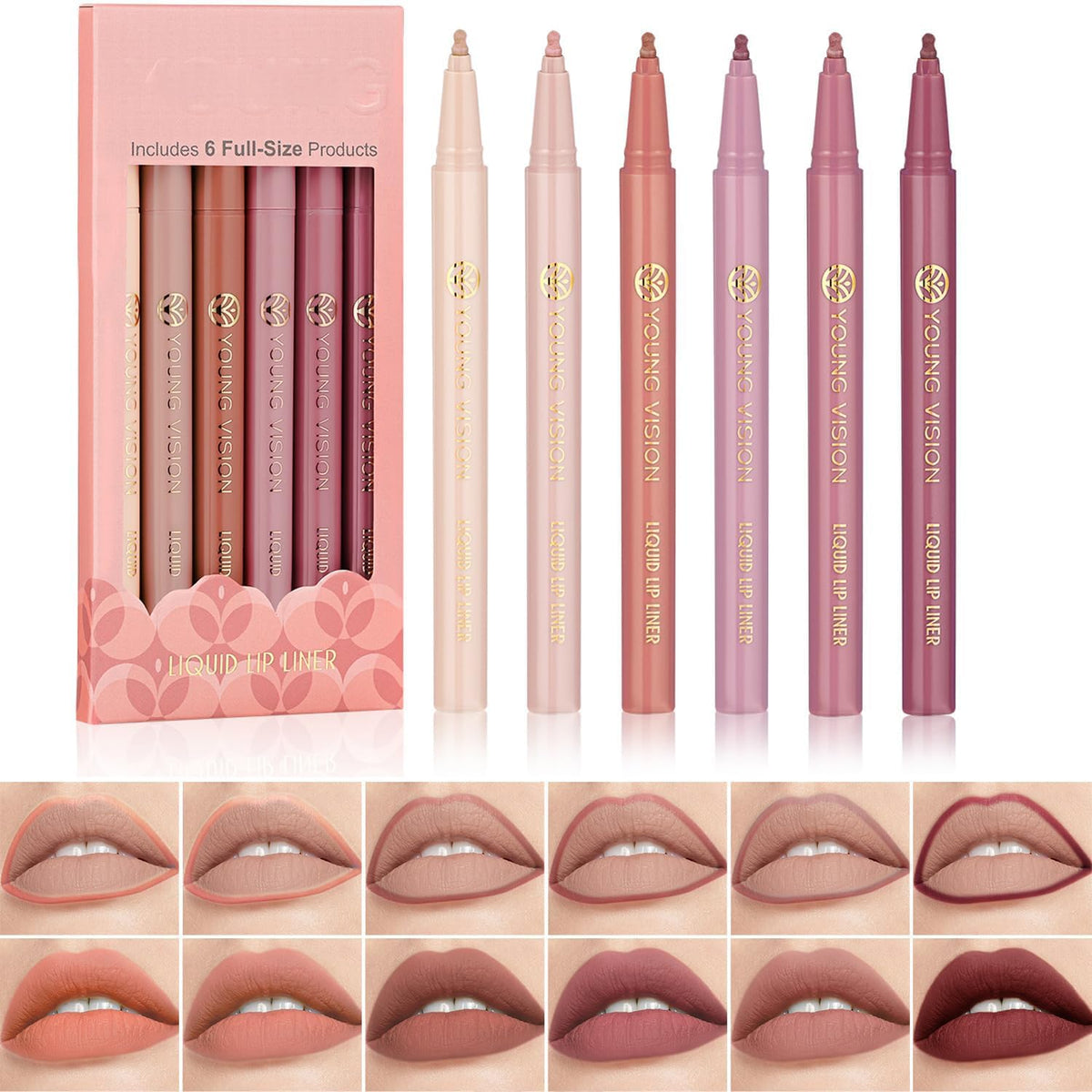 Khazna 6Pcs Liquid Waterproof Lip Liner Set, Lip Stain Tint Marker Pen, Gourd-Shaped Precise Chisel Tip for Smooth Application, Easy Glide, Nude Brown Matte Shades, Non-Feathering, Rich Color