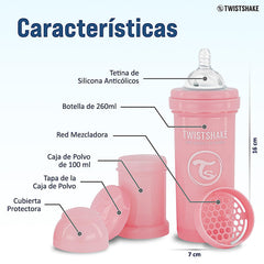 Twistshake Newborn Anti-Colic Baby Bottle Set with Milk Powder Container and Mixer - 9 Pieces | 4 x Milk Bottles - 2 x Dummies - 2 x Teats - 1 x Bottle Brush | BPA-Free | 0m+ | Pink Grey