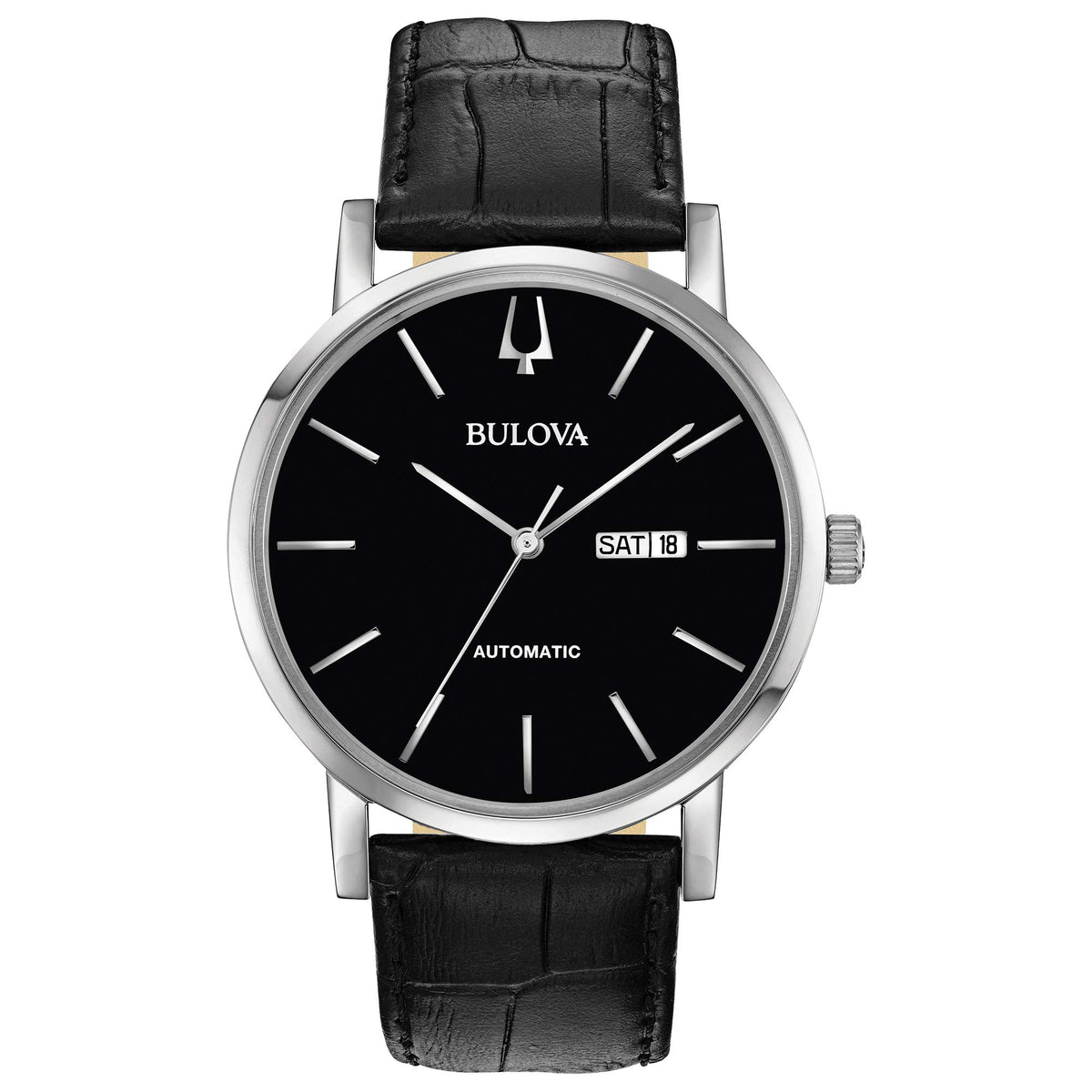 Bulova Men's Classic American Clipper 3-Hand Automatic Leather Strap Watch, Day Date Calendar, 40 Hour Power Reserve, Exhibition Case Back, 42mm - Black