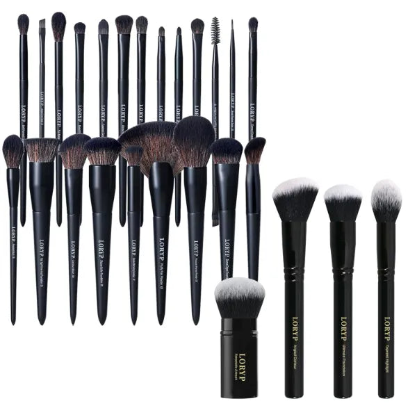LORYP 4 Pcs Full Face Professional Makeup Brushes Set with Retractable Kabuki Airbrush and 21Pcs Powder Blush Foundation Concealer Highlighter Brush Vegan Pro Face and Eye Brush Kit