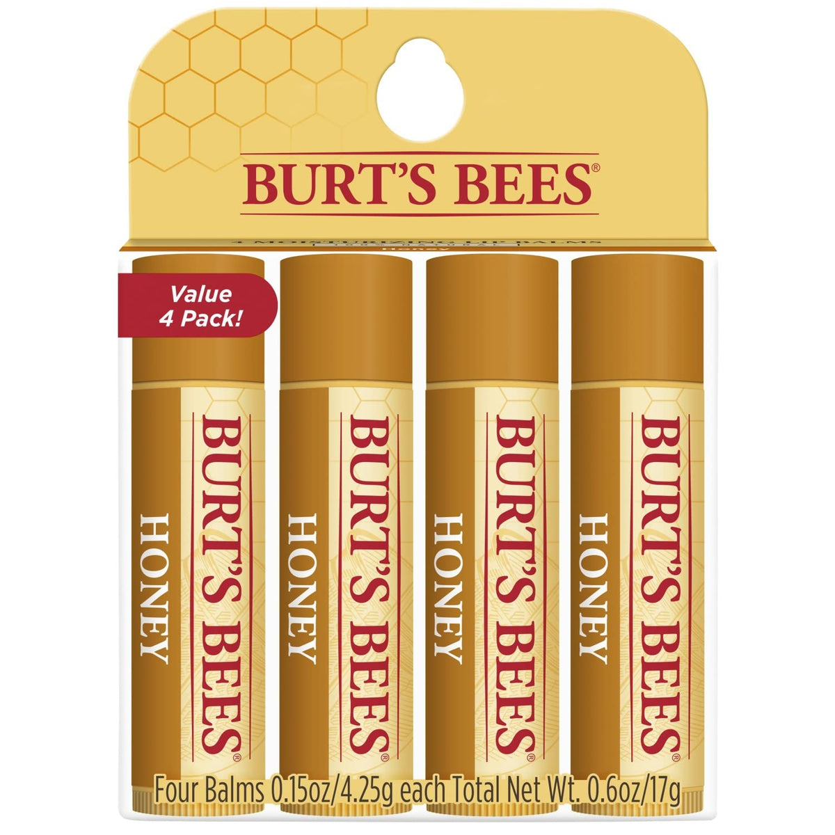 Burt's Bees 100% Natural Moisturizing Lip Balm, Honey with Beeswax - 4 Tubes