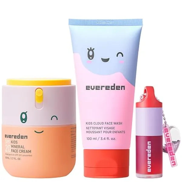Evereden Happy Morning DUO & Kids Lip Gloss Kids Skin Care Cloud Face Wash + SPF 20 Mineral Face Cream & Tinted Non Toxic Lip Gloss Easy to Use Skincare