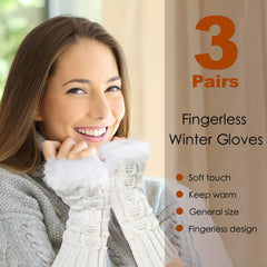 NALACAL 3 Pairs Mid-Length Fingerless Gloves with Faux Fur & Crochet - Warm Winter Arm Warmers with Thumb Holes