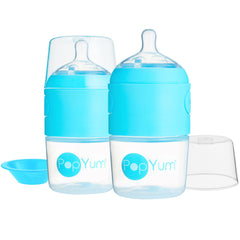 PopYum 5 oz Blue Anti-Colic Formula Making/Mixing/Dispenser Baby Bottles, 2-Pack with #1 Slow Flow , 150 ml, BPA-Free, Natural Latch