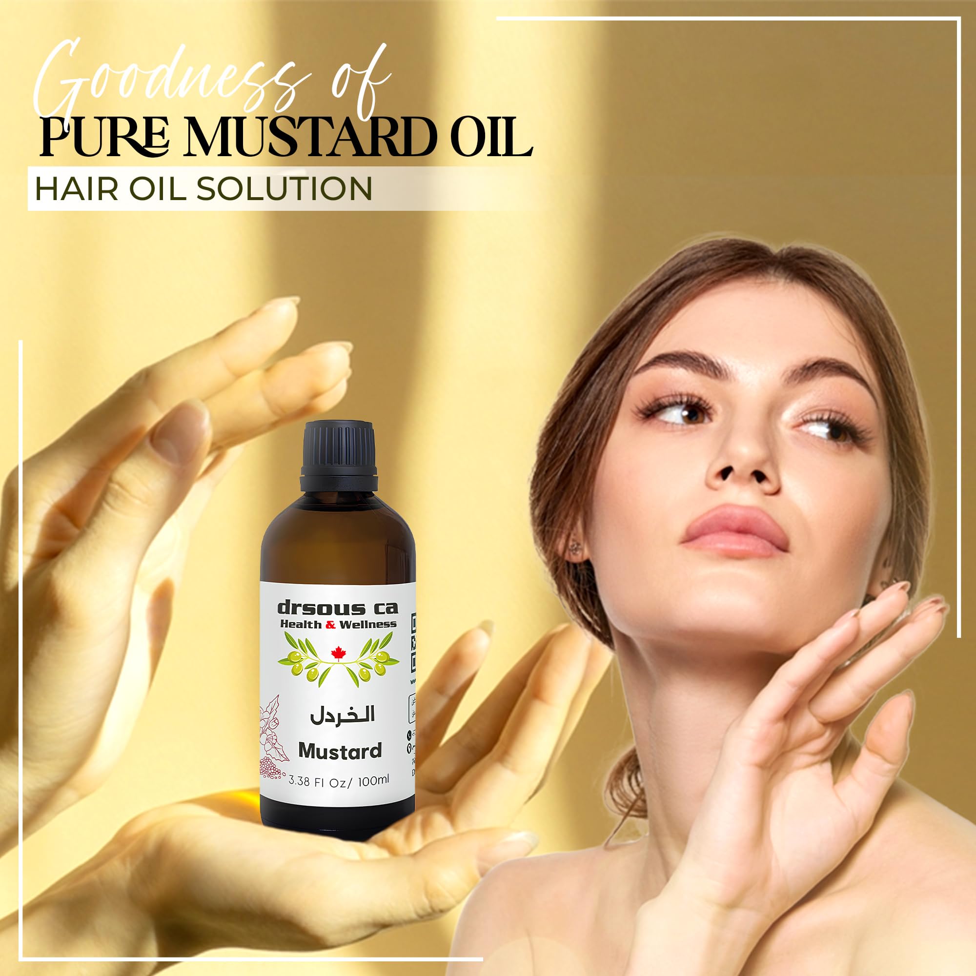 Drsous Ca Organic Mustard Oil 100ml | 100% Cold Pressed Therapeutic Grade Massage Oil for Skin care, Hair care, Cold and Cough Relief, Reducing Gum Swelling | Made in Palestine