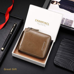 CHANPINCL Mens Genuine Leather Zipper Wallet RFID Secure Large Capacity Double Fold Multi-card Leather Wallets for Men and coin purse, Vegetable tanned leather khaki, One size, Classic