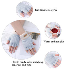 Fingerless Gloves for Women Warm - Winter Thermal Gloves Knitted Soft Half Fingers Mittens for Cold Weather Typing Working Driving - Blue/White