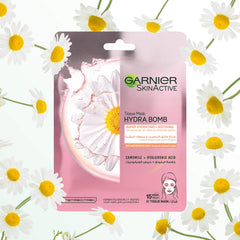 Garnier Tissue Mask for Face, Super Hydrating and Soothing, With Camomile & Hyaluronic Acid, For Dry And Sensitive Skin, SkinActive Hydra Bomb, 28g
