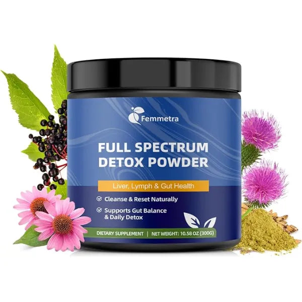 Femmetra 29 in 1 Full Spectrum Detox Powder 5 Step Total Body Reset for Liver, Lymphatic, Colon & Gut Support Potent Earthy Taste from Natural Ingredients 30 Servings