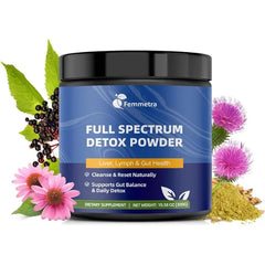 Femmetra 29 in 1 Full Spectrum Detox Powder 5 Step Total Body Reset for Liver, Lymphatic, Colon & Gut Support Potent Earthy Taste from Natural Ingredients 30 Servings