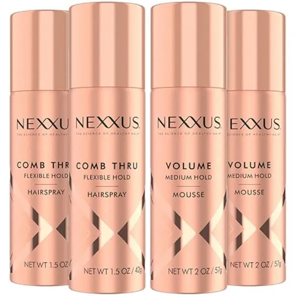 Nexxus Travel Hairspray and Mousse Bundle  Comb Thru Flexible Hold Hairspray (1.5 Oz) 2-Pack + Volume Medium Hold Mousse (2 Oz) 2-Pack, Anti-Humidity, Frizz Control, Rose Fragrance