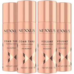 Nexxus Travel Hairspray and Mousse Bundle  Comb Thru Flexible Hold Hairspray (1.5 Oz) 2-Pack + Volume Medium Hold Mousse (2 Oz) 2-Pack, Anti-Humidity, Frizz Control, Rose Fragrance