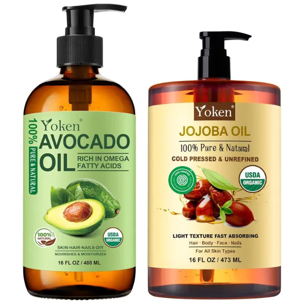 Yoken USDA Organic Cold-Pressed Carrier Oil 16 fl oz – Pure Jojoba Oil & Avocado Oil | 100% Natural, Unrefined Moisturizing Oil for Hair, Skin & Face