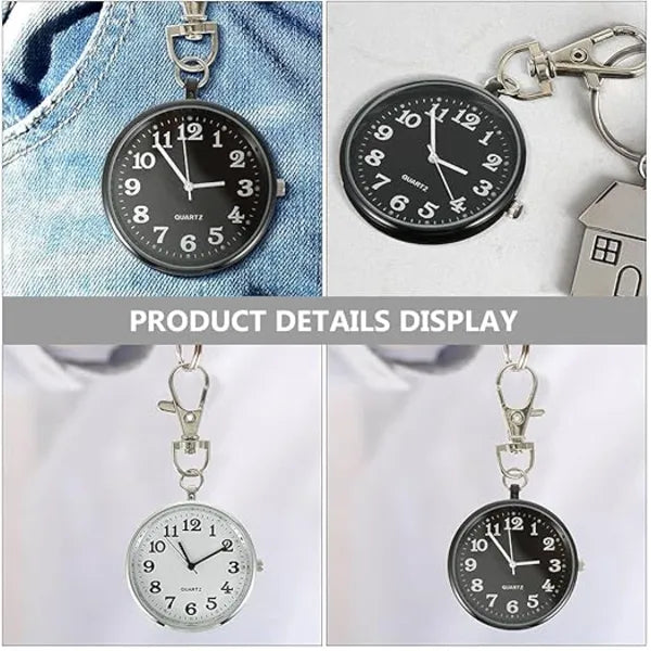 KASTWAVE Quartz Pocket Watch, 2 Pcs Large Dial Nurse Pocket Watch with Keychain Keyring Ornaments for Decoration, Nurse Watch Hanging Watch Durable Watch (Black+White)