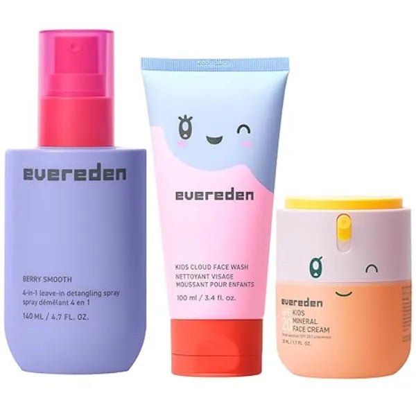 Evereden Kids Detangler Spray & Happy Morning Duo Detangler Spray Tackle Tough Knots & Cloud Face Wash + SPF 20 Mineral Face Cream Vegan, Non Toxic Hair & Skin Care for Kids 3+