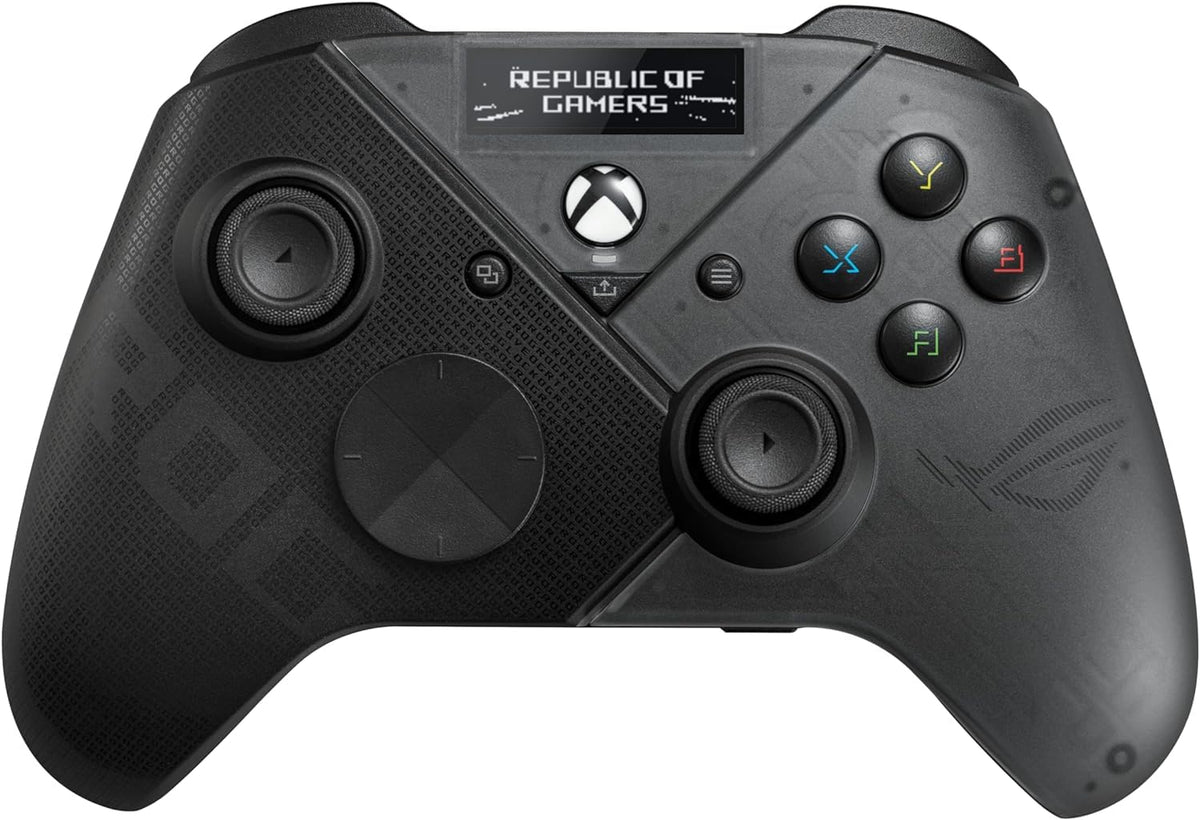 ASUS ROG Raikiri Pro Wireless PC controller, OLED display, USB-C/2.4GHz/BT on PC, USB-C on Xbox, 4 remappable rear buttons, step/linear triggers, adjustable joystick sensitivity, 3.5mm jack, ESS DAC