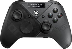 ASUS ROG Raikiri Pro Wireless PC controller, OLED display, USB-C/2.4GHz/BT on PC, USB-C on Xbox, 4 remappable rear buttons, step/linear triggers, adjustable joystick sensitivity, 3.5mm jack, ESS DAC