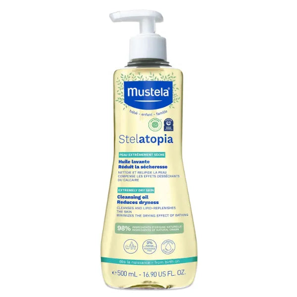 Mustela Stelatopia Eczema-Prone Skin Cleansing Oil - Baby Body Wash with Natural Avocado & Sunflower Oil - Family Skin Care Essentials - EWG Verified - Fragrance-Free & Tear Free 500ML