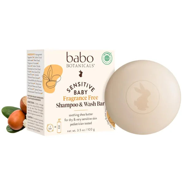 Babo Botanicals Sensitive Baby Fragrance-Free 2-in-1 Shampoo & Wash Bar - Shea Butter, Calendula & Aloe Vera - Cruelty-Free - Vegan - Pediatrician Tested - For Babies & Kids