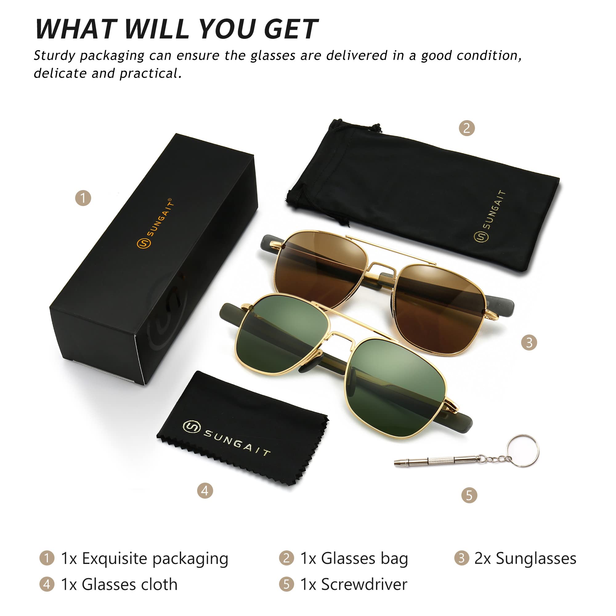 SUNGAIT Men's Military Style Polarized Pilot Aviator Sunglasses Bayonet Temples