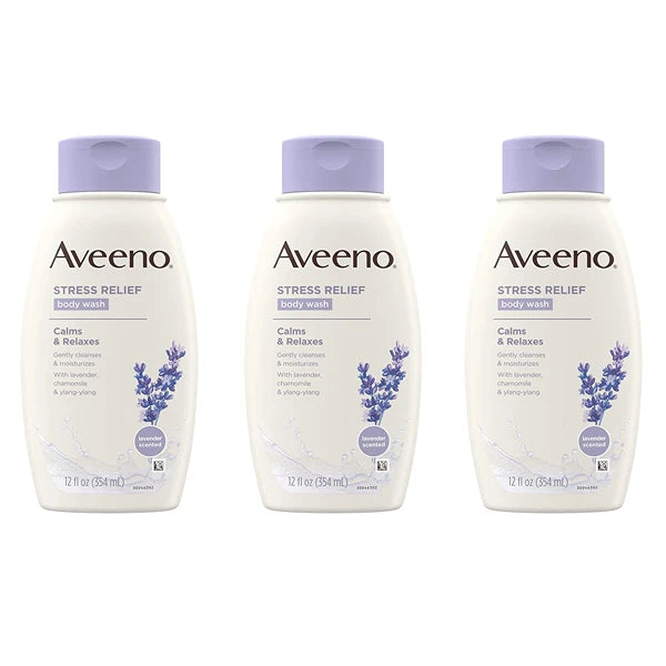 Aveeno Stress Relief Body Wash with Soothing Oat, Lavender, Chamomile & Ylang-Ylang Essential Oils, Hypoallergenic, Dye-Free & Soap-Free Calming Body Wash, 12 fl. Oz (Pack of 3)
