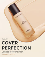 THESAEM Cover Perfection Concealer Foundation - 24H Coverage, Light Liquid Texture - Ideal for Oily, Combination Skin, Provides Semi-Matte, Smooth Finish, 1.01 fl.oz. (1.0 Clear Beige)