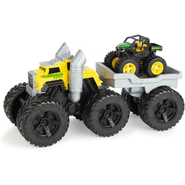 TOMY Monster Treads John Deere Roaring Rev Up Hauler Monster Truck Toy Set - Includes Monster Truck, Trailer, and John Deere Gator - Construction Toys with Hauling Action - 3 Count