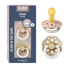 BIBS Boheme Glow in The Dark Soother 2-Pack. BPA Free. Round Latex, Size 1 (0-6 Months), Blush Glow/Vanilla Glow