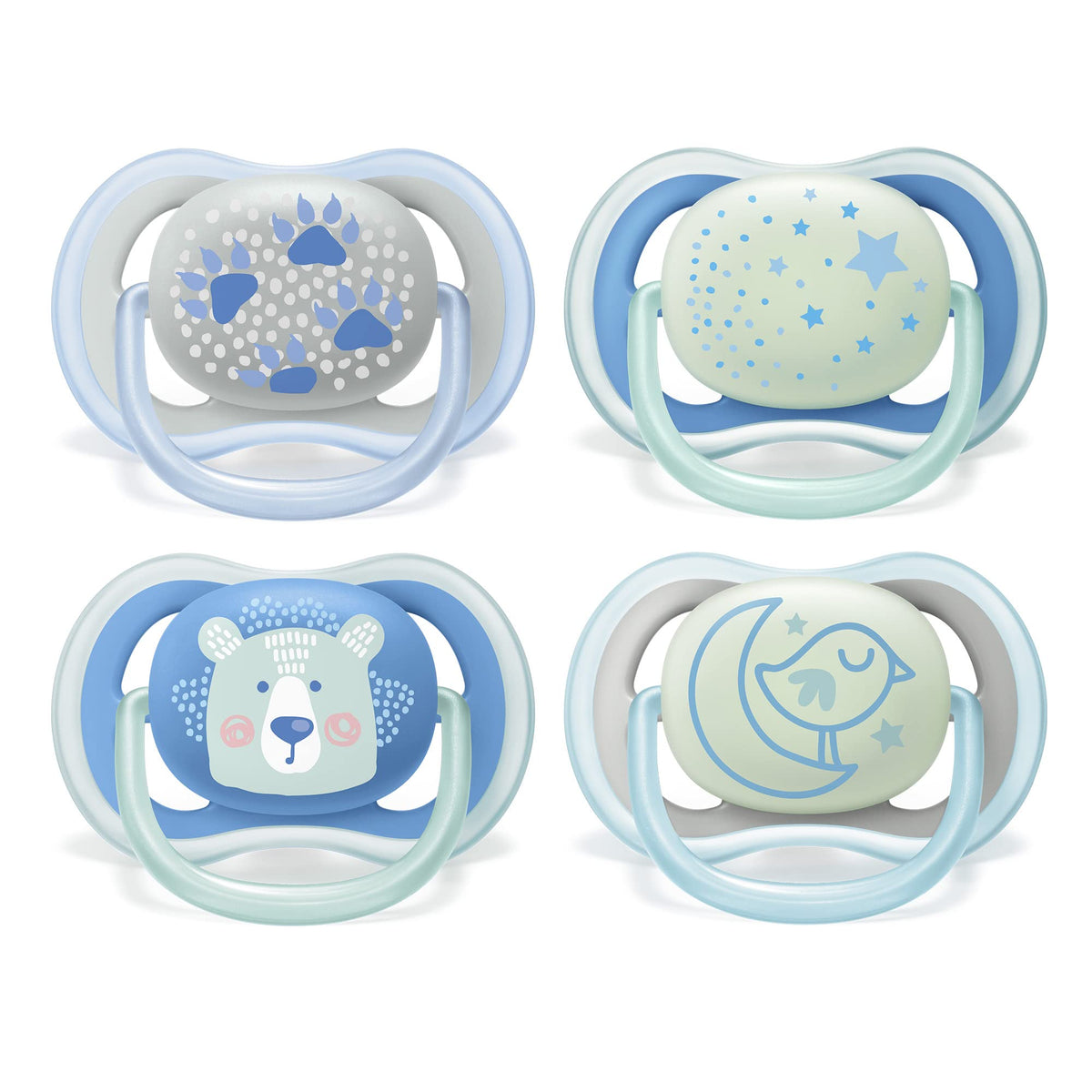Philips Avent Ultra Air Soother - Pack of 4 Light, Breathable, Soothers, 2 Glow in The Dark, and 2 Daytime Philips Baby Dummies, 6-18M (Model SCF376/15)