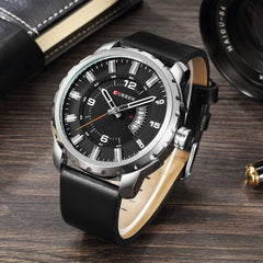 Curren 8245 Casual Men Analog Dial Watch With Quartz 3 Dials Waterproof Leather Strap Watch - Black