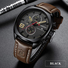 Herren-Armbanduhr mit Lederarmband, klassisch, lssig, Edelstahl, wasserdicht, Chronograph, Datum, analog, Quarzuhr - Black