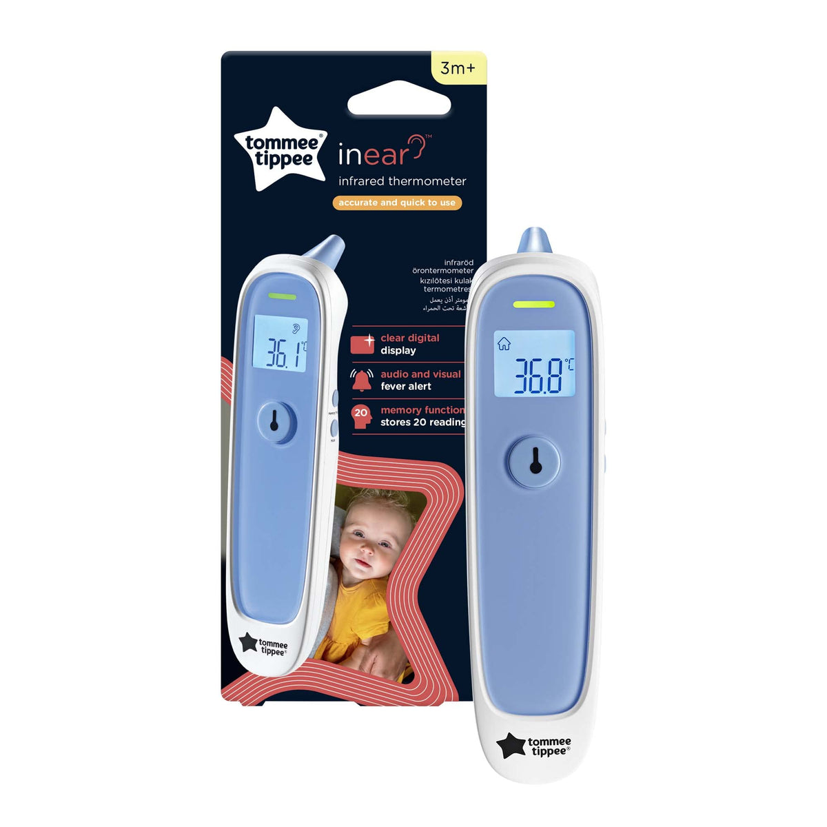 Tommee Tippee InEar Infrared Digital Baby Thermometer, 1 Second Instant Readings in °C or °F, Memory Function, 3m+