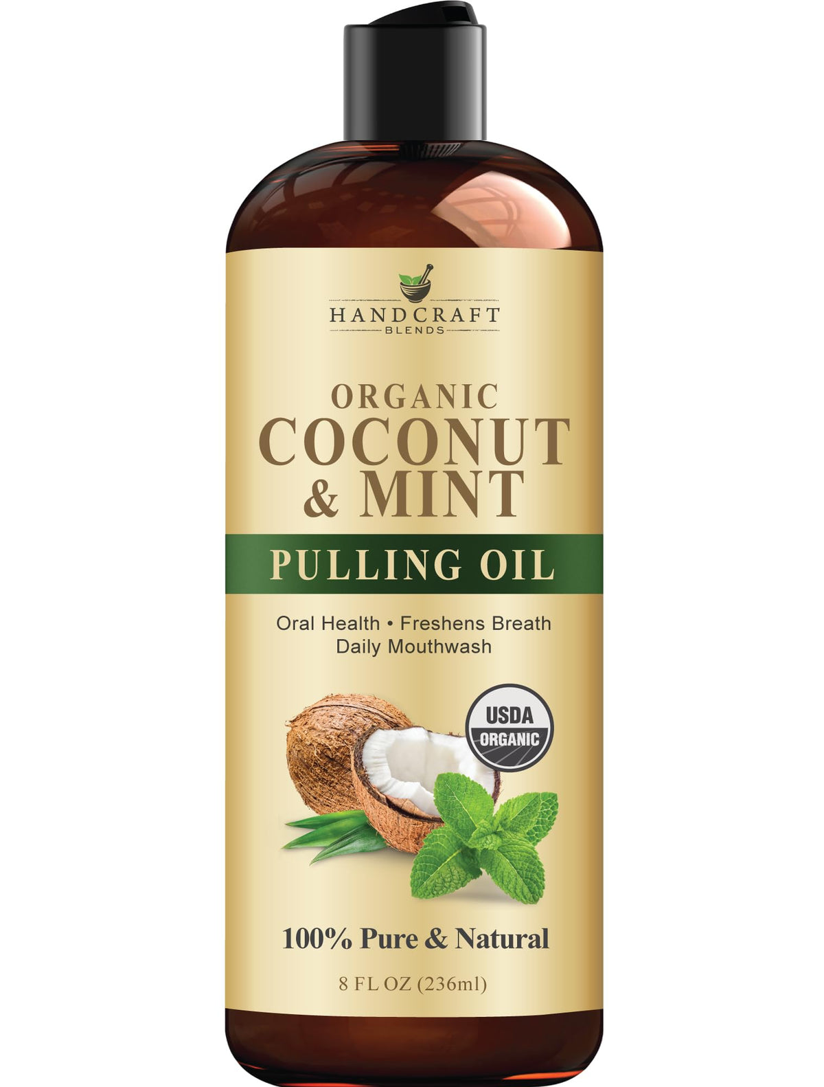 Coconut Oil Pulling for Teeth and Gums with Peppermint Oil - Organic Coconut Oil Pulling Oil Mouthwash for Fresh Breath, Oral Health and Cleaner Teeth and Gums - 236 ml
