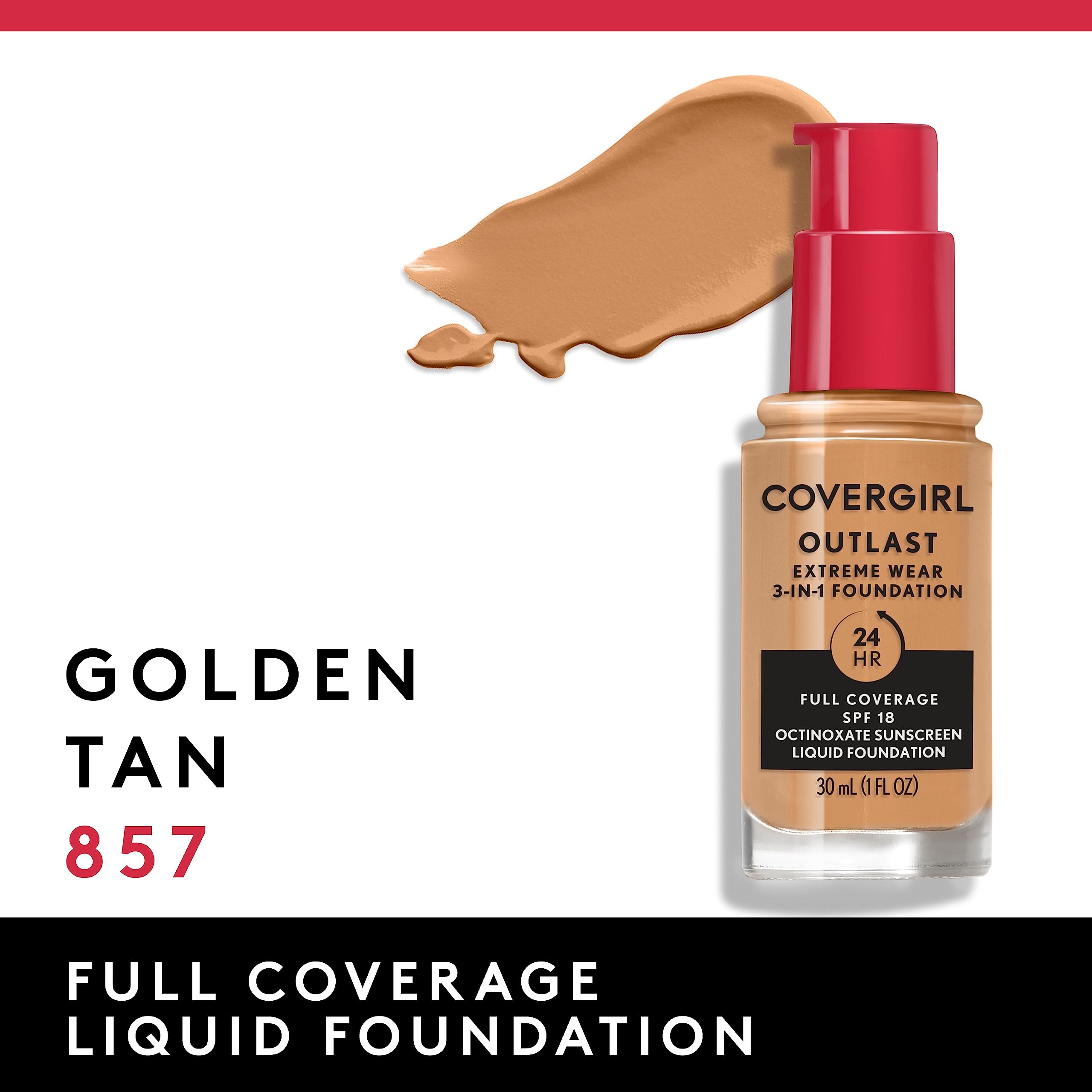 Covergirl Outlast Extreme Wear 3-in-1 Full Coverage Liquid Foundation, SPF 18 Sunscreen, Golden Tan, 1 Fl. Oz.