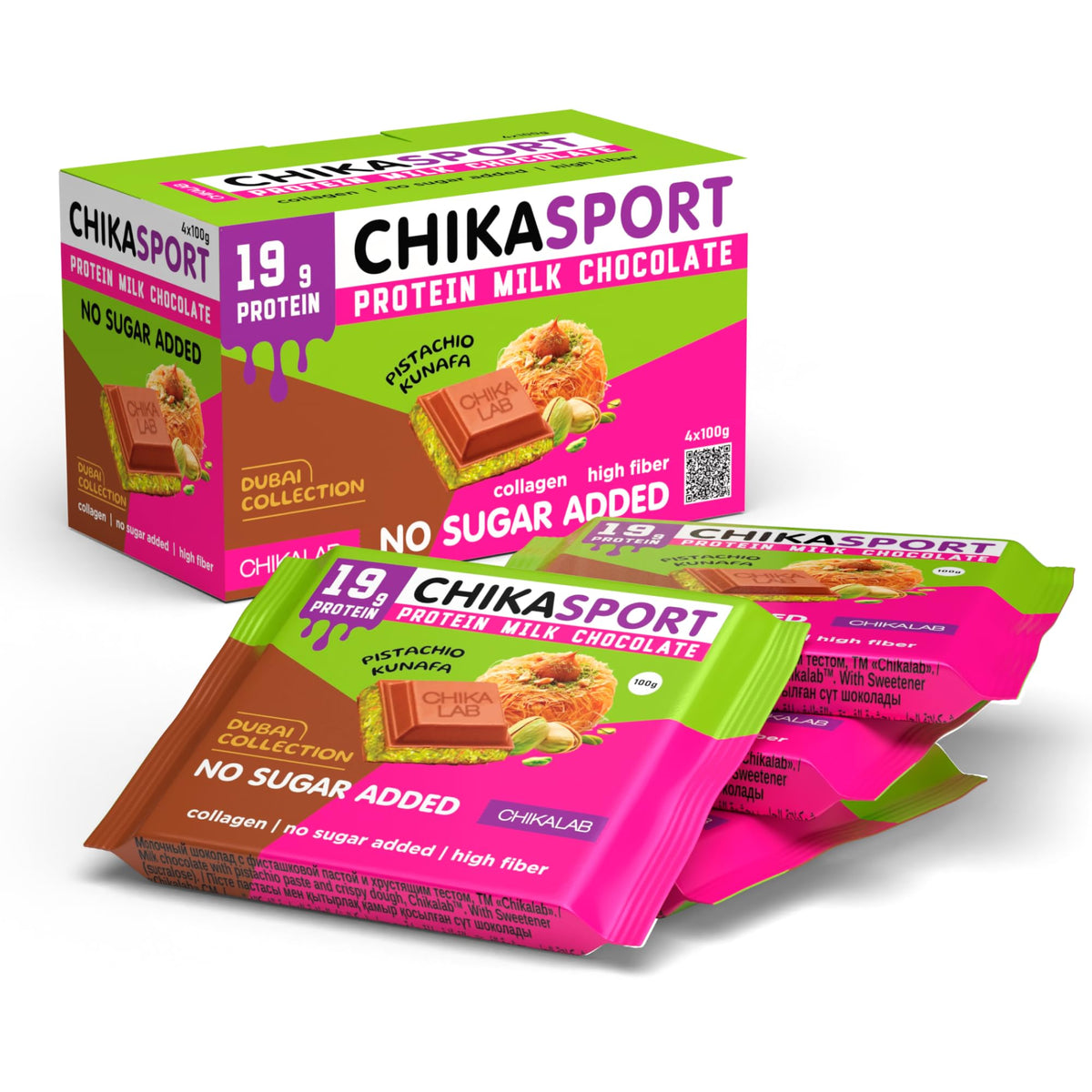 Chikalab Chikasport Dubai Collection Protein Milk Chocolate Pistachio & Kunafa - Collagen, High Fiber, No Sugar Added - 100g (Pack of 4)