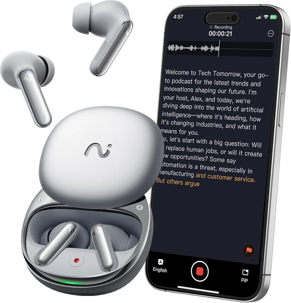 VIAIM RecDot AI Earbuds - AI Meeting Assistant with Real-Time Transcription & Translation (16 Languages), FlashRecord, 48dB ANC, To-Do Lists & Summaries - Silver