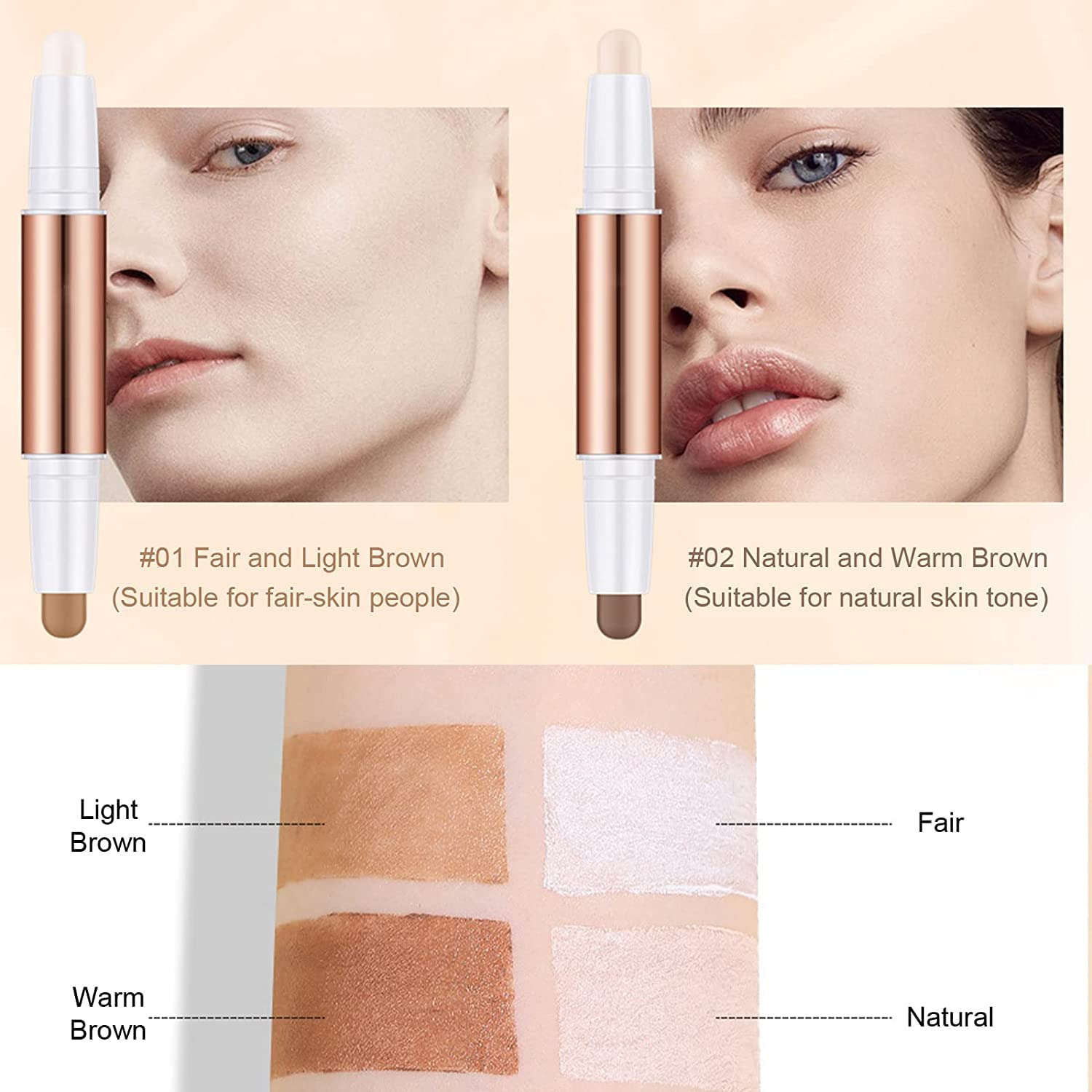 Excefore Highlight Contour Stick, Dual-End Makeup Shading Stick, 4 Colors Face Concealer Pen, Long Lasting & Waterproof Contour Sticks Kit, Brighten Facial Shade for Body Face 2PCS