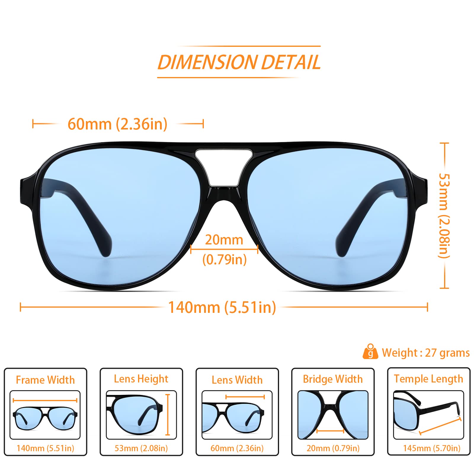 Freckles Mark Vintage Retro 70s Sunglasses for Women Men Classic Large Squared Aviator Frame UV400 Trendy Orange Glasses