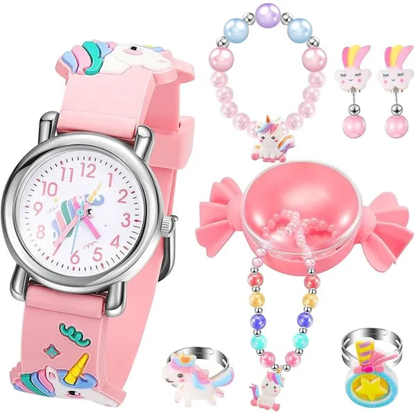 Kids Watches with Unicorn Jewelry Set, 3D Cartoon Waterproof Unicorn Digital Wrist Watches with Pink Unicorn Necklace Bracelet Earrings Ring Christmas Girls Watches Gifts for Little Girls Ages 5-7