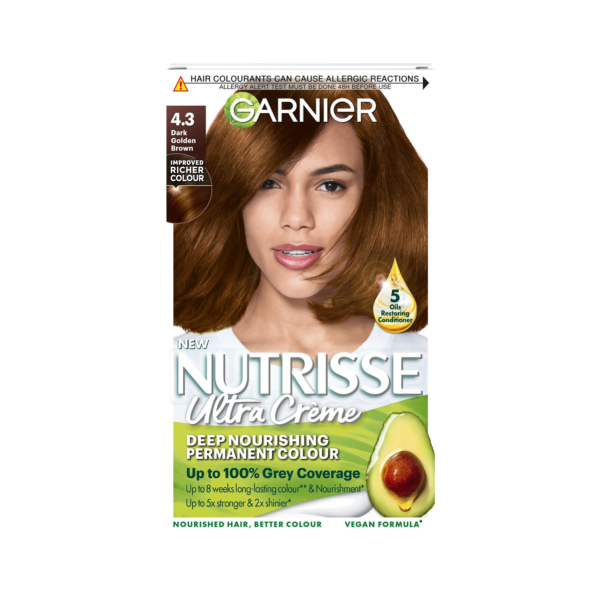 Garnier Nutrisse Permanent Hair Dye, Natural-looking, hair colour result, For All Hair Types, 4.3 Dark Golden Brown