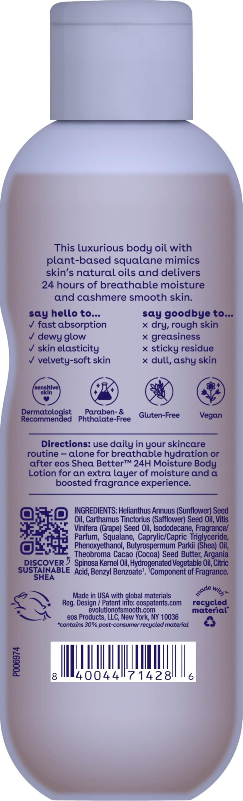 eos Cashmere Body Oil, Vanilla Cashmere, 24 Hour Moisture, Plant-Based Squalane to Soothe, Soften And Smooth Dry Skin, 6 fl oz