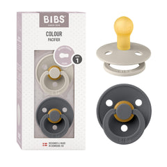 BIBS Colour Soother 2-Pack, BPA Free Dummy Pacifier, Round Natural Rubber Latex, Made in Denmark. 0-6 Months (Pack of 2), Sand/Iron