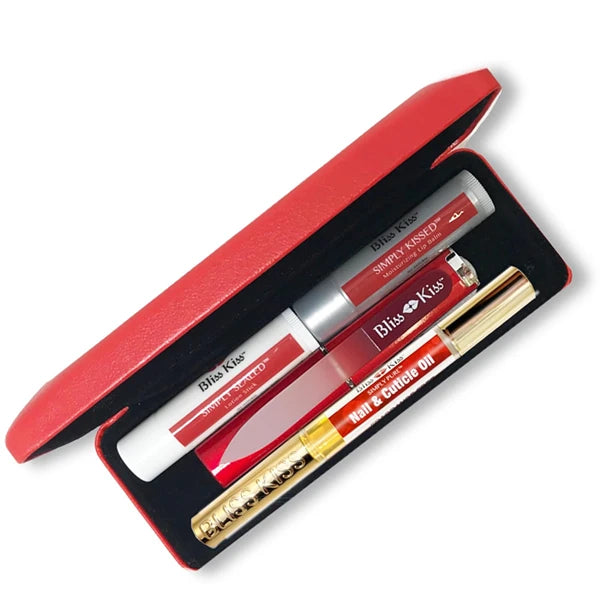Bliss Kiss Nail Travel Manicure Kit - Great Gift Idea - Easy carry, to-go case to care for your nails, skin, and lips - Hydrating Nail and Cuticle Oil, Lotion Stick, Crystal Nail File, Lip Balm