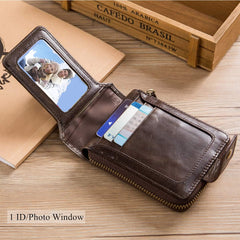 BULLCAPTAIN Genuine Leather RFID Wallet for Men Large Capacity ID Window Card Case with Zip Coin Pocket QB-231, Coffee, S, Minimalist