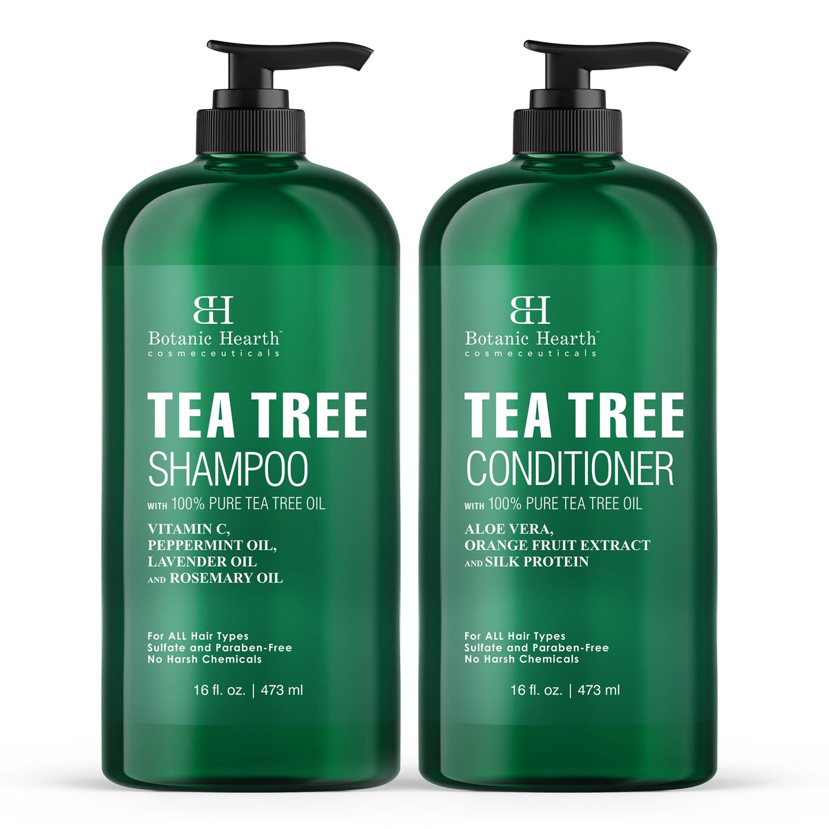 Botanic Hearth Shampoo and Conditioner Set - with 100% Pure Tea Tree Oil, for Itchy and Dry Scalp, Sulfate/Paraben Free - for Men and Women - 16 fl oz each